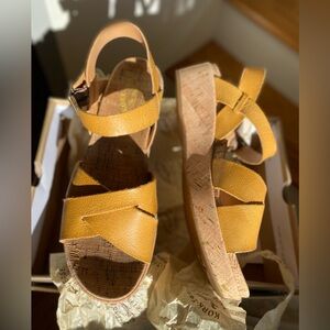 Kork-Ease Mustard Strappy Cork Wedges Size 10 Excellent Comfy Condition With Box